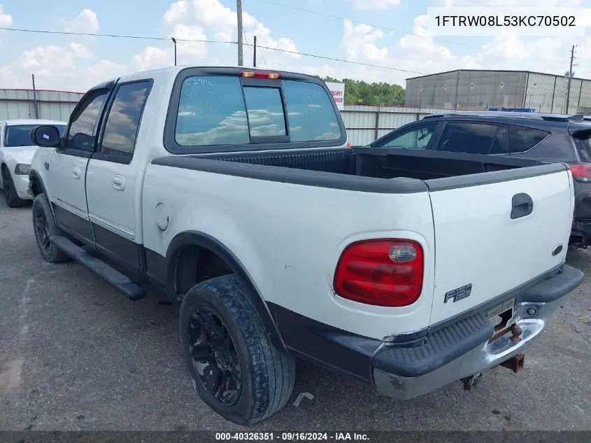 2003 Ford F-150 Lariat/Xlt VIN: 1FTRW08L53KC70502 Lot: 40326351