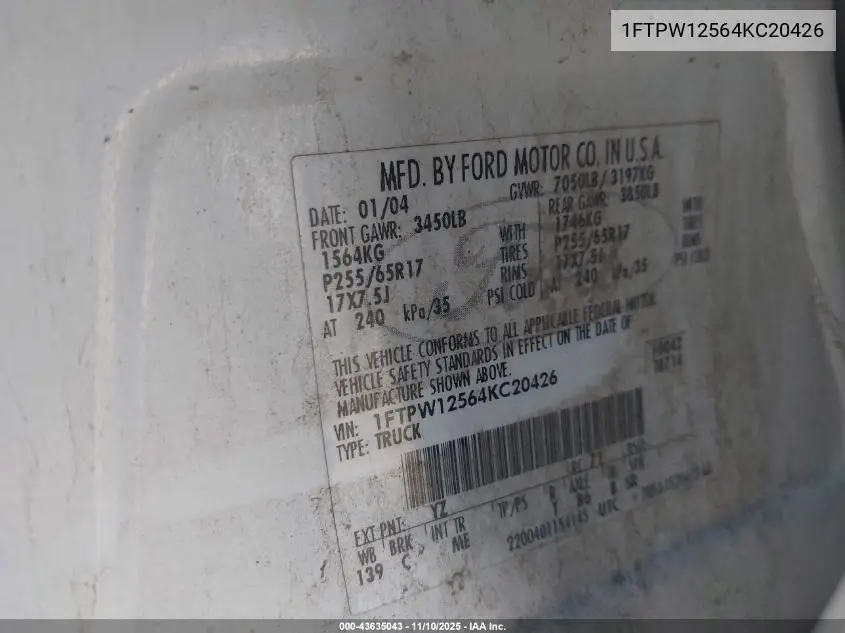1FTPW12564KC20426 2004 Ford F-150 Lariat/Xlt