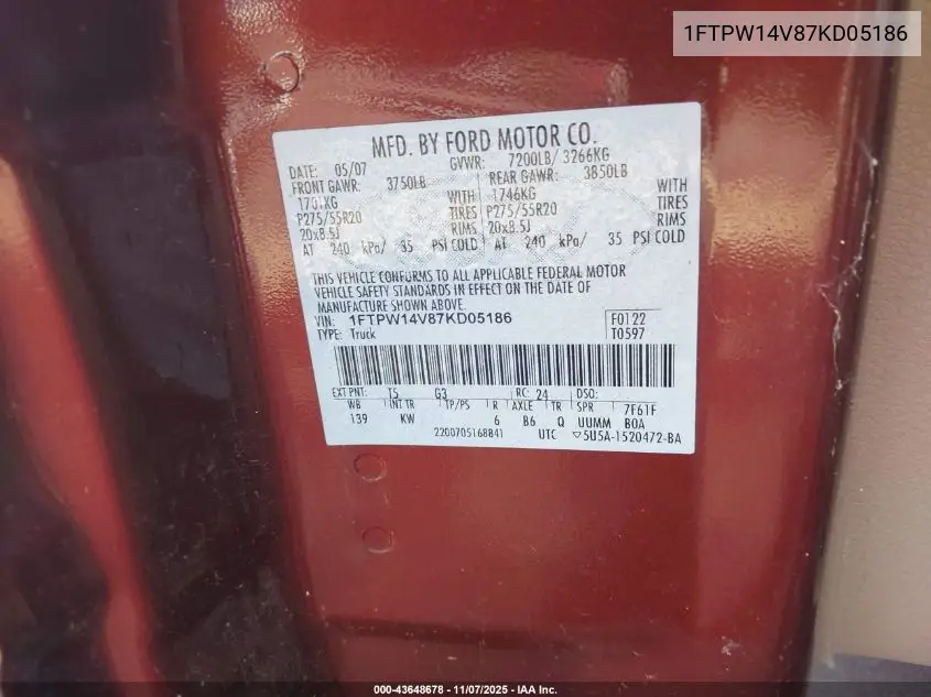 1FTPW14V87KD05186 2007 Ford F-150 Fx4/Lariat/Xlt