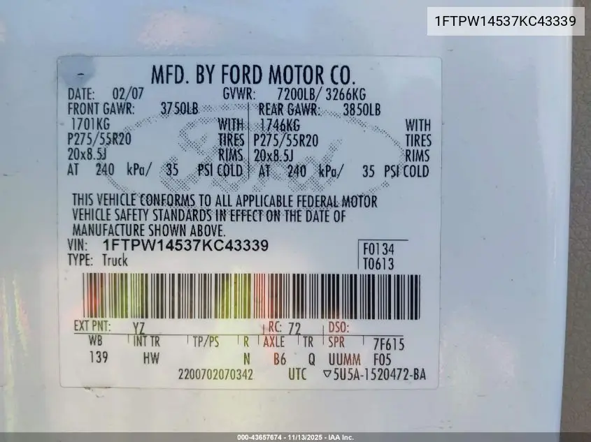 1FTPW14537KC43339 2007 Ford F-150 Fx4/Lariat/Xlt