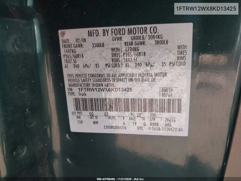 1FTRW12WX8KD13425 2008 Ford F-150 60Th Anniversary/Fx2/Xl/Xlt