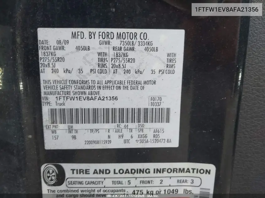 1FTFW1EV8AFA21356 2010 Ford F-150 Fx4/Harley-Davidson/King Ranch/Lariat/Platinum/Xl/Xlt
