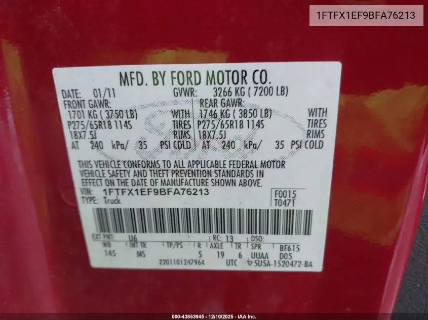 1FTFX1EF9BFA76213 2011 Ford F-150 Xlt