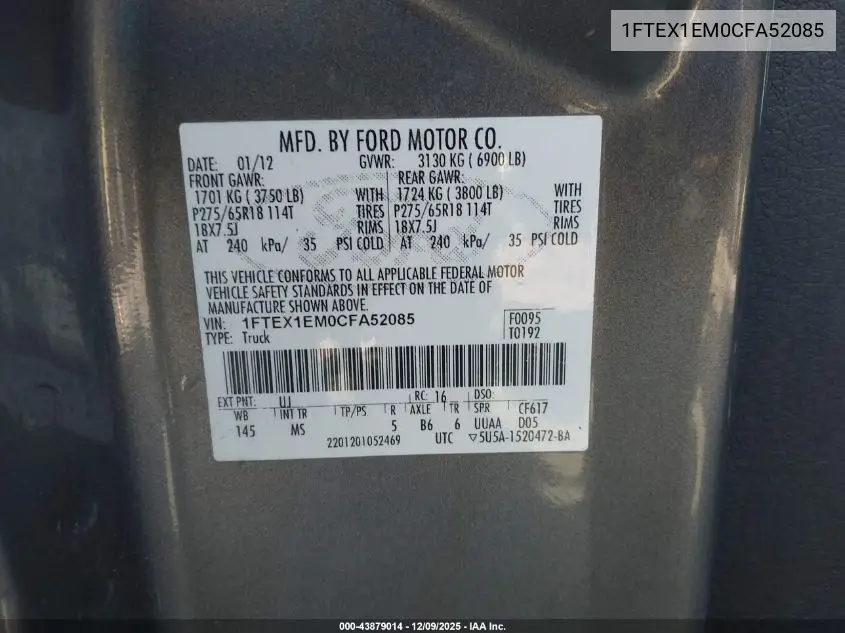 1FTEX1EM0CFA52085 2012 Ford F-150 Xlt