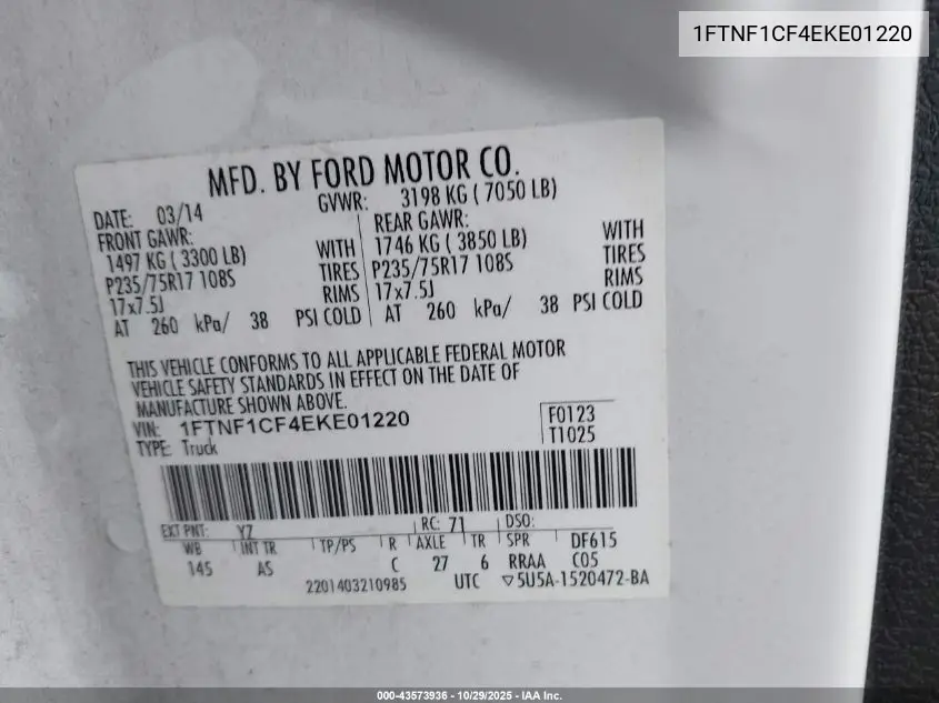 1FTNF1CF4EKE01220 2014 Ford F-150 Xl