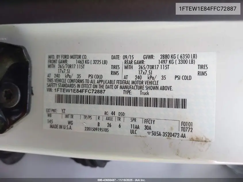 1FTEW1E84FFC72887 2015 Ford F-150 Xl