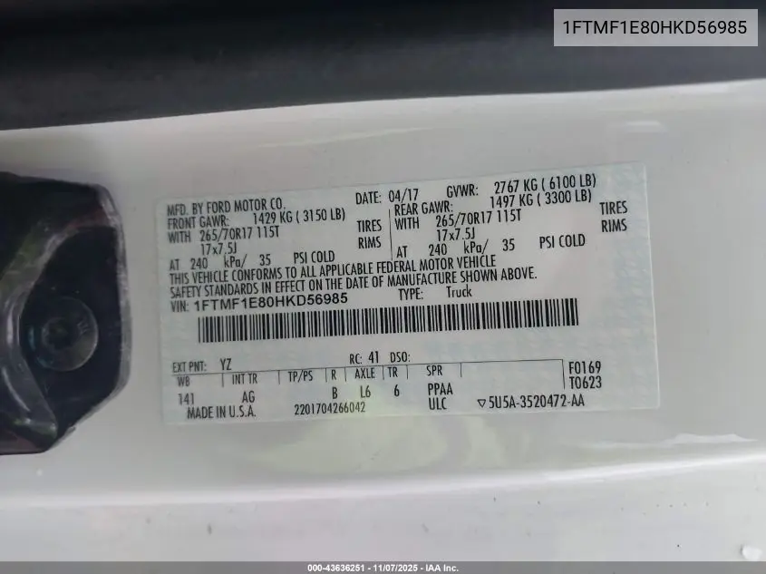 1FTMF1E80HKD56985 2017 Ford F-150 Xl