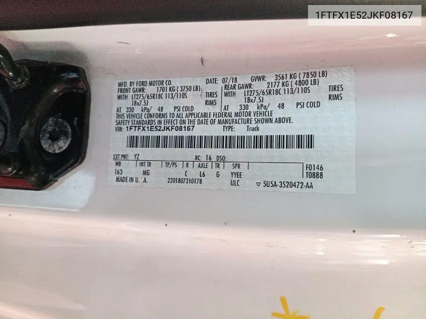 2018 Ford F150 Super Cab VIN: 1FTFX1E52JKF08167 Lot: 42819273