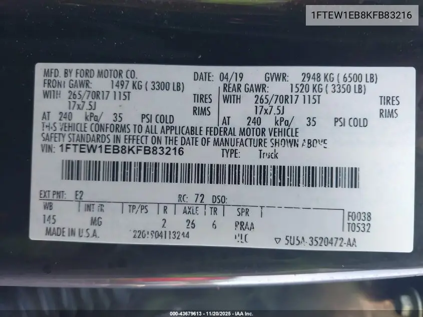 1FTEW1EB8KFB83216 2019 Ford F-150 Xlt