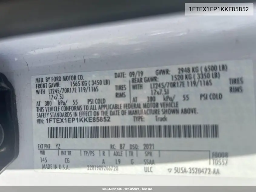 1FTEX1EP1KKE85852 2019 Ford F-150 Xl