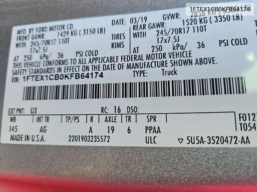 1FTEX1CB0KFB64174 2019 Ford F-150 Xl