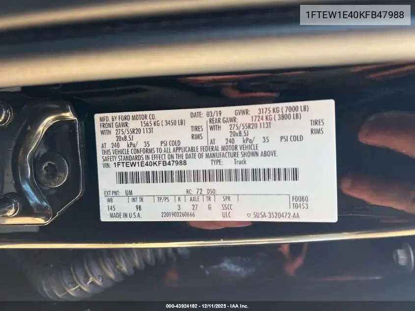 1FTEW1E40KFB47988 2019 Ford F-150 Platinum