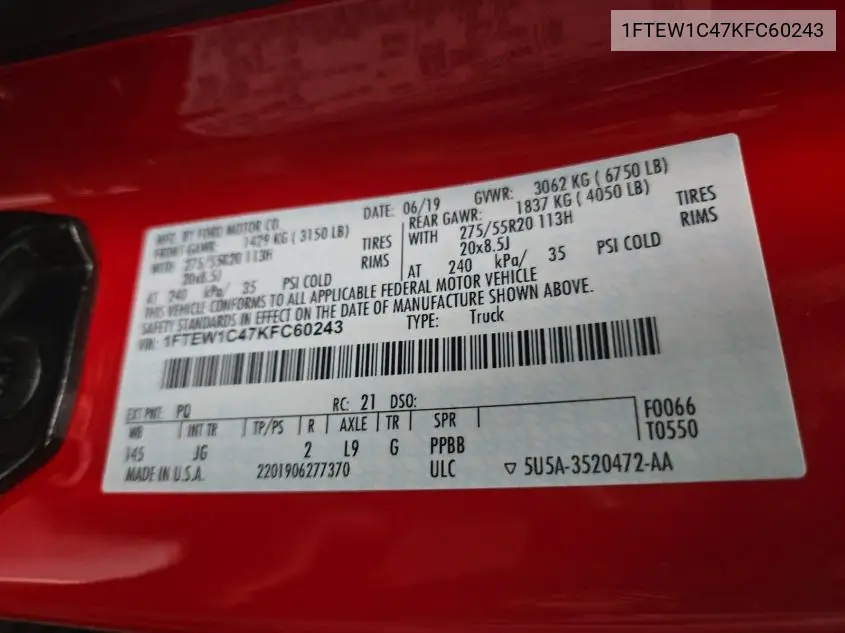 1FTEW1C47KFC60243 2019 Ford F-150 Xl
