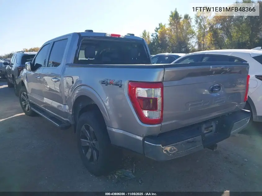1FTFW1E81MFB48366 2021 Ford F-150 Lariat