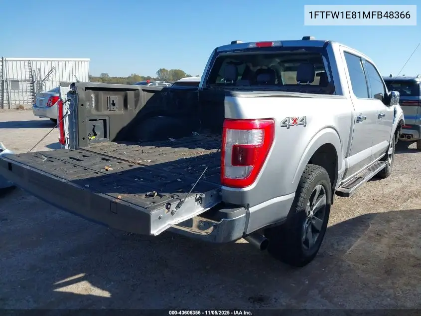 1FTFW1E81MFB48366 2021 Ford F-150 Lariat
