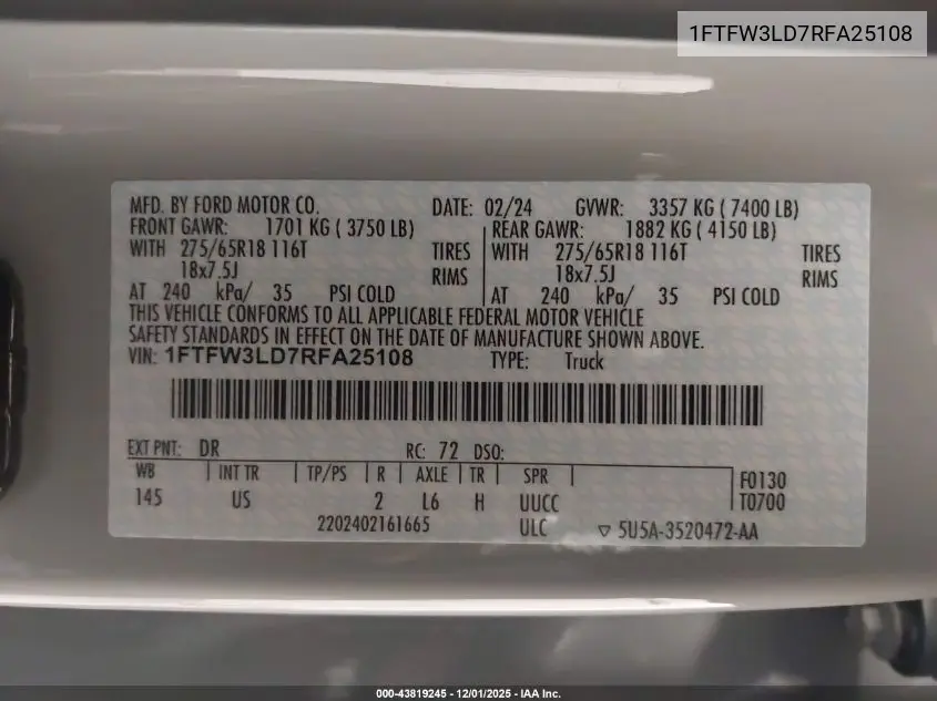 1FTFW3LD7RFA25108 2024 Ford F-150 Xlt