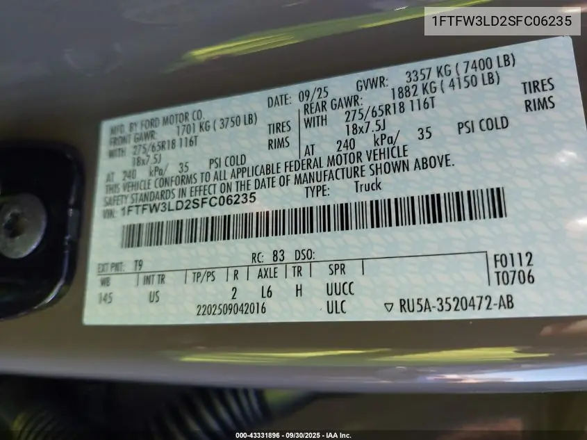 1FTFW3LD2SFC06235 2025 Ford F-150 Xlt