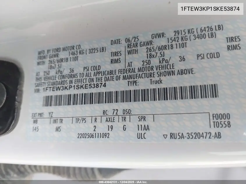 1FTEW3KP1SKE53874 2025 Ford F-150 Xlt