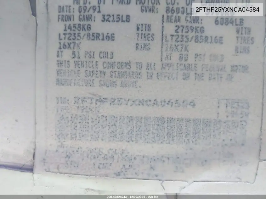 2FTHF25YXNCA04584 1992 Ford F250