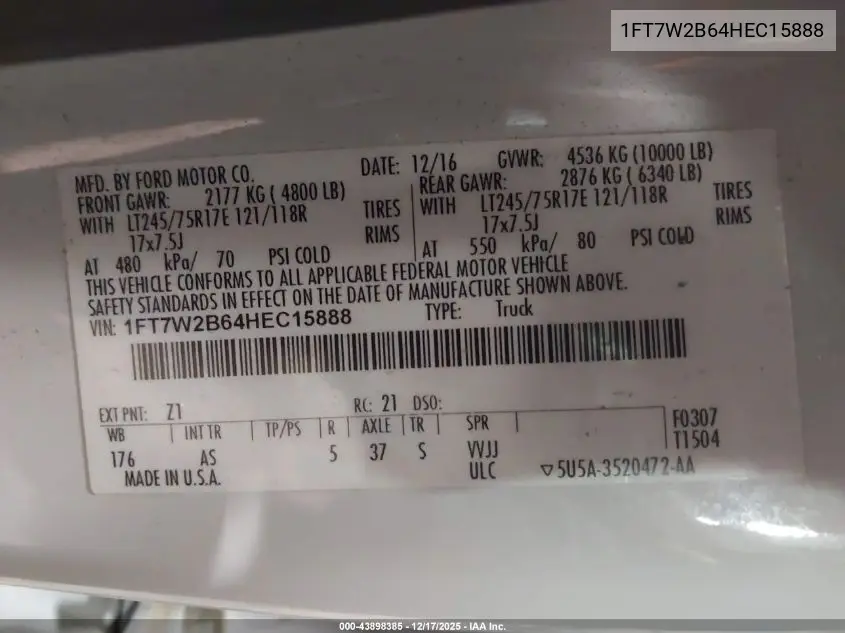 1FT7W2B64HEC15888 2017 Ford F-250 Xl
