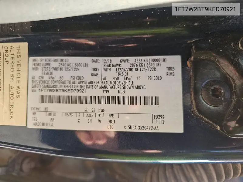 1FT7W2BT9KED70921 2019 Ford F-250 Lariat