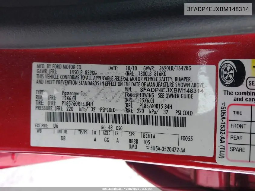 3FADP4EJXBM148314 2011 Ford Fiesta Se