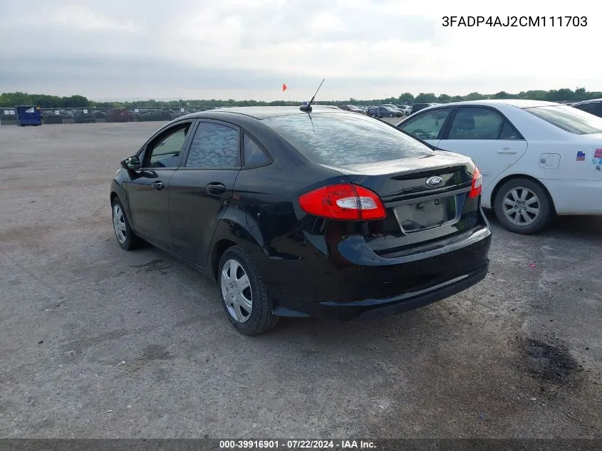 2012 Ford Fiesta S VIN: 3FADP4AJ2CM111703 Lot: 39916901