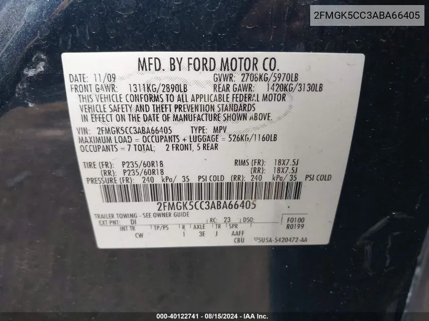 2FMGK5CC3ABA66405 2010 Ford Flex Sel