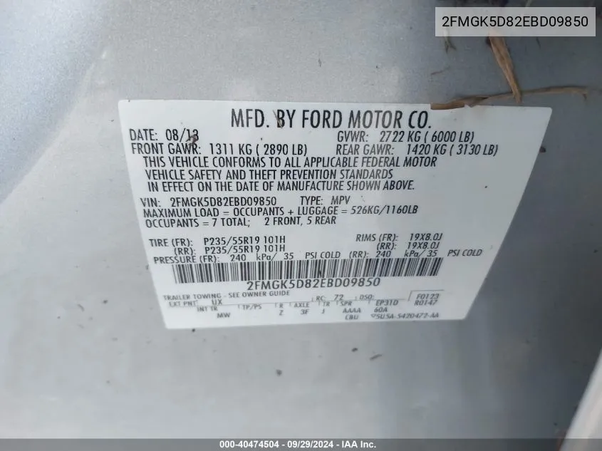 2FMGK5D82EBD09850 2014 Ford Flex Limited