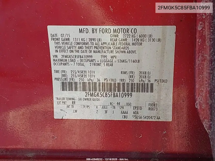 2FMGK5C85FBA10999 2015 Ford Flex Sel
