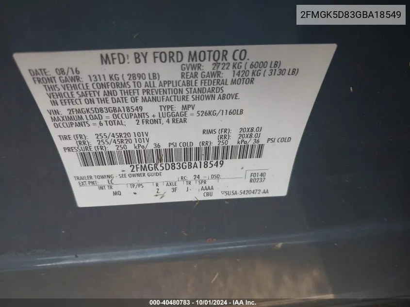 2FMGK5D83GBA18549 2016 Ford Flex Limited