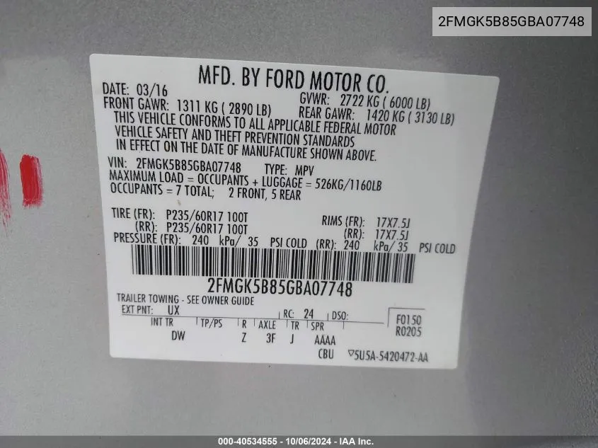 2FMGK5B85GBA07748 2016 Ford Flex Se