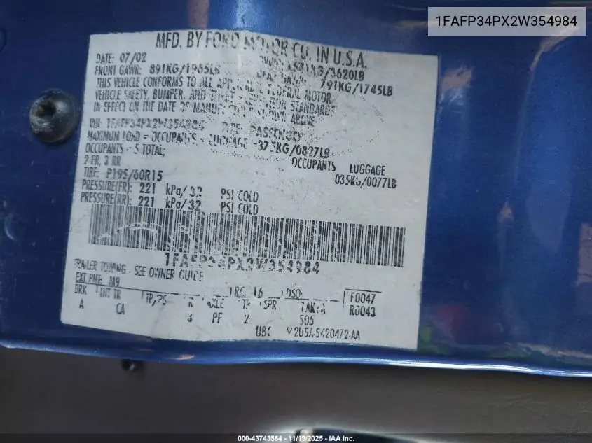1FAFP34PX2W354984 2002 Ford Focus Se