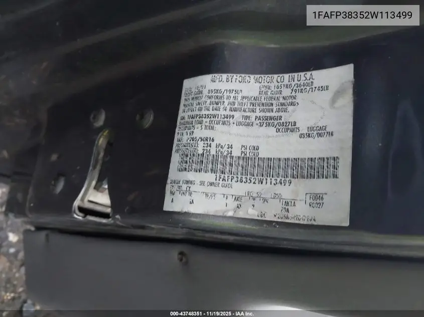 1FAFP38352W113499 2002 Ford Focus Zts
