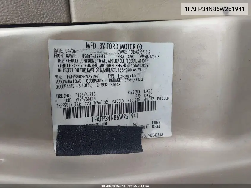 1FAFP34N86W251941 2006 Ford Focus Zx4