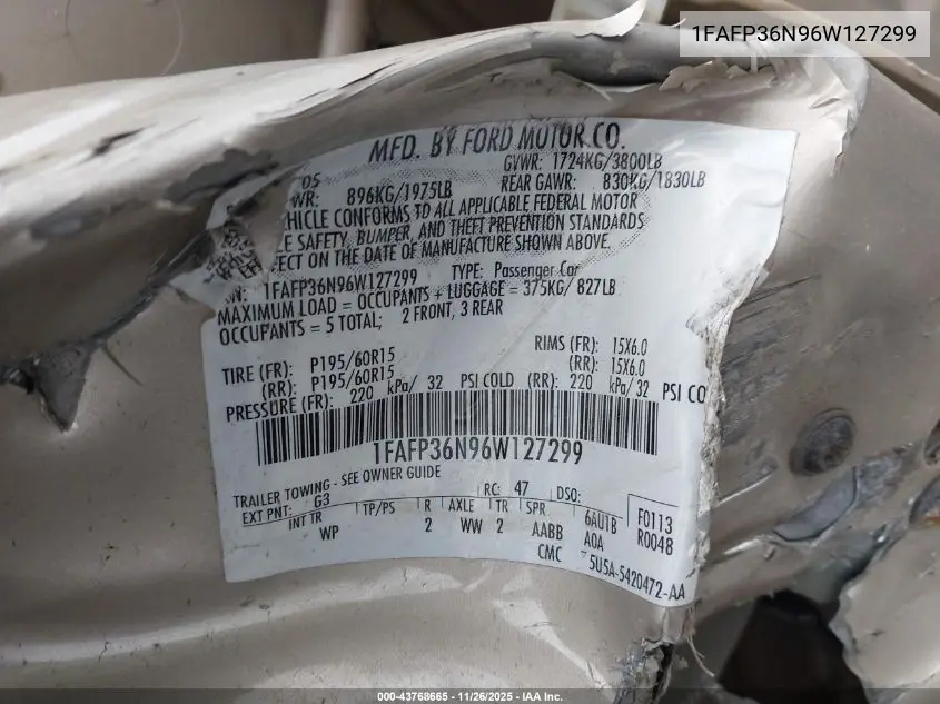 1FAFP36N96W127299 2006 Ford Focus Zxw