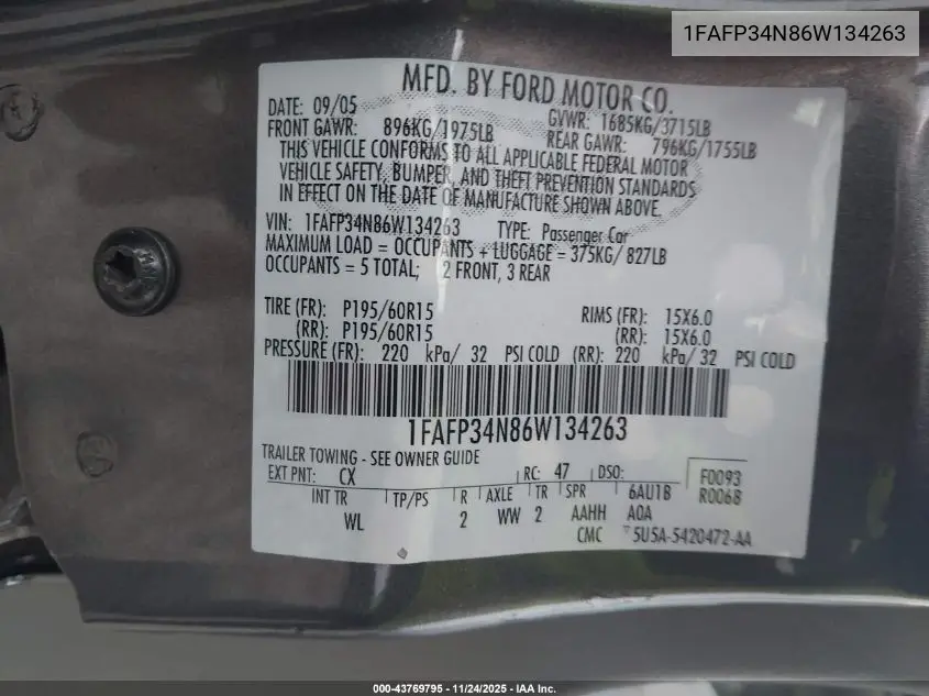 1FAFP34N86W134263 2006 Ford Focus Zx4