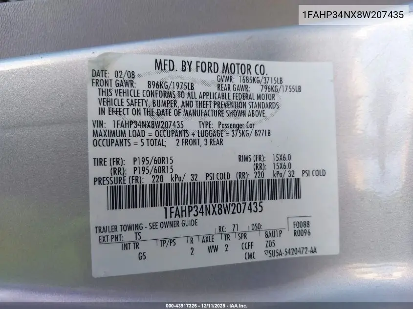 1FAHP34NX8W207435 2008 Ford Focus S