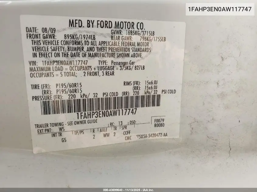 1FAHP3EN0AW117747 2010 Ford Focus S