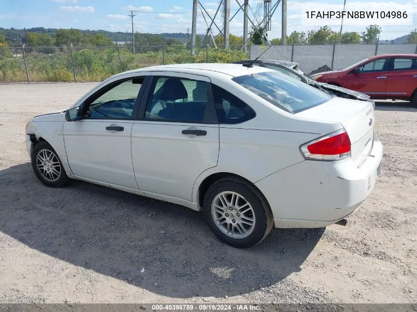 2011 Ford Focus Se VIN: 1FAHP3FN8BW104986 Lot: 40398759