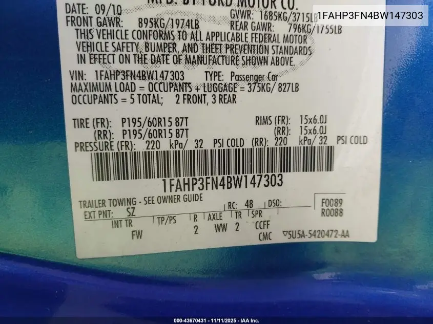 1FAHP3FN4BW147303 2011 Ford Focus Se