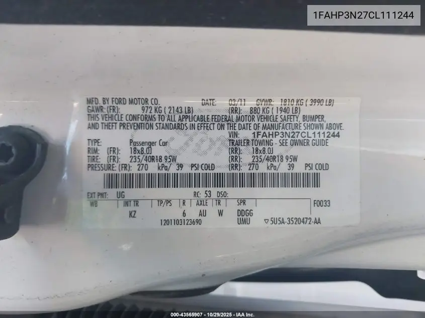1FAHP3N27CL111244 2012 Ford Focus Titanium