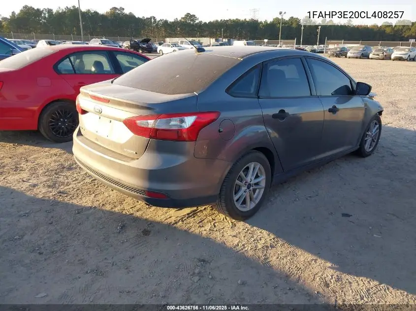 1FAHP3E20CL408257 2012 Ford Focus S