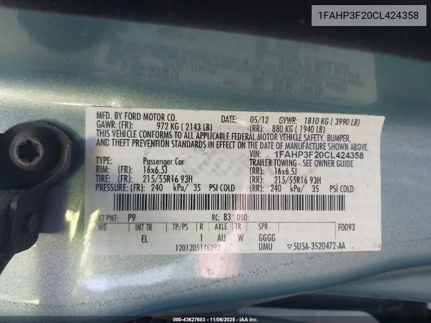 1FAHP3F20CL424358 2012 Ford Focus Se