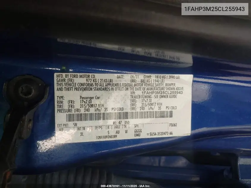 1FAHP3M25CL255943 2012 Ford Focus Sel