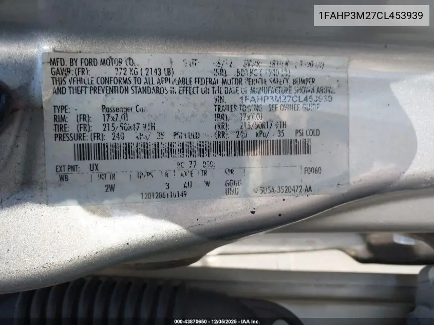 1FAHP3M27CL453939 2012 Ford Focus Sel