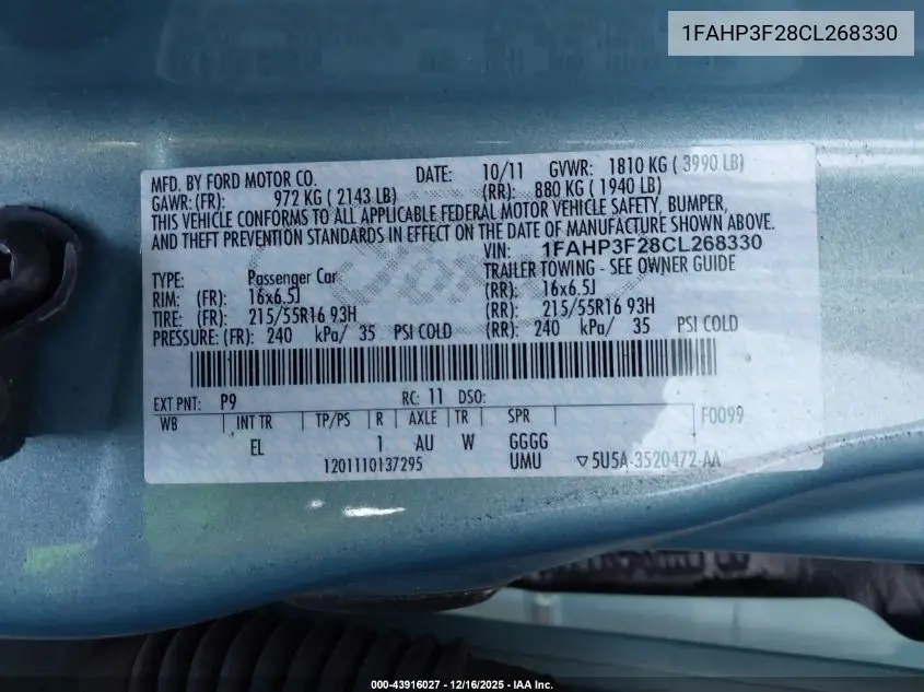 1FAHP3F28CL268330 2012 Ford Focus Se