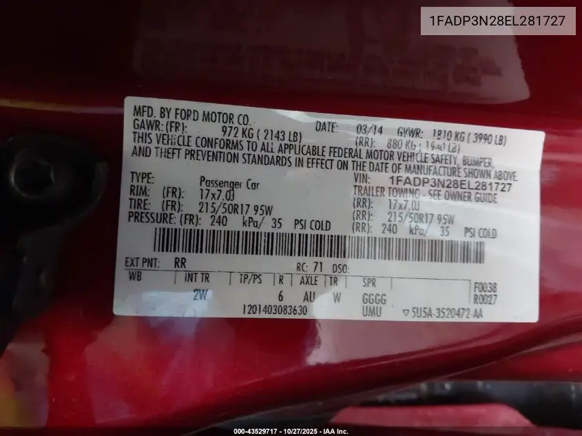 1FADP3N28EL281727 2014 Ford Focus Titanium