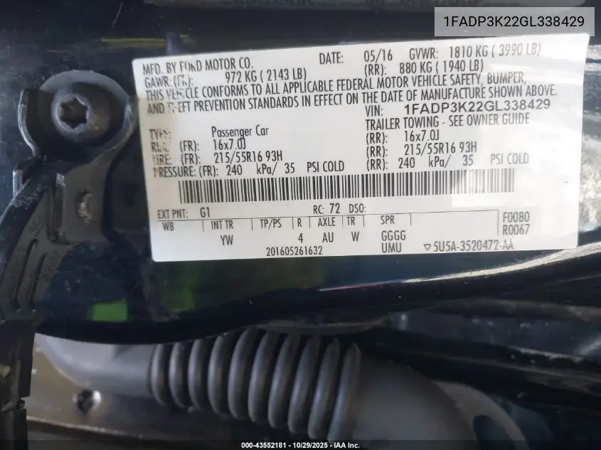 1FADP3K22GL338429 2016 Ford Focus Se