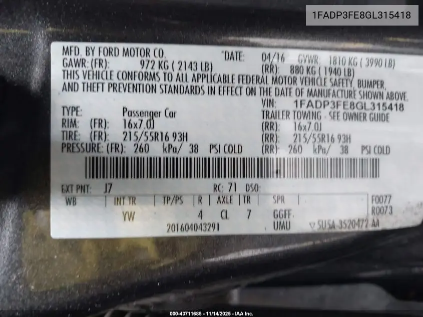 1FADP3FE8GL315418 2016 Ford Focus Se